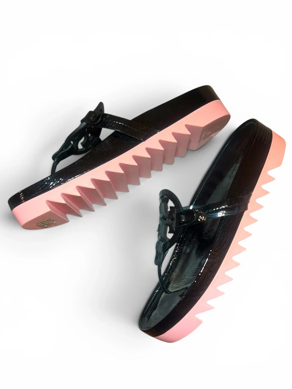 TORY BURCH Miller Cloud Lug Black Pink Leather Platform Sawtooth Sandals - Picture 8 of 16